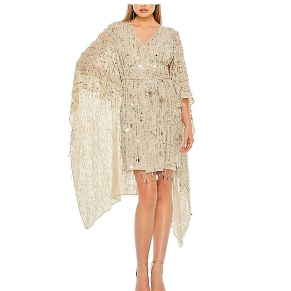 NEW Mac Duggal 94044 Cape Back Fringe Beaded Robe Dress NWT - Size M - Picture 1 of 10